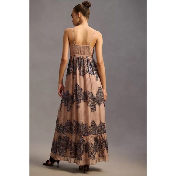 Anthropologie Let Me Be Deep-V Sequined Maxi Dress Size Medium Glam Coquette - Picture 2 of 11